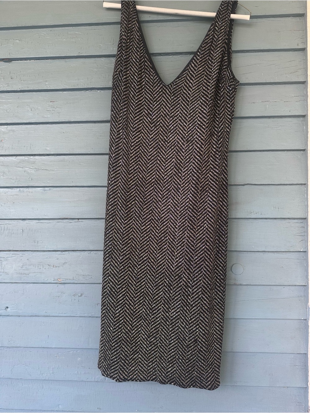 Vintage Jessica McClintock Backless V-Neck Black and Silver Herringbone Dress